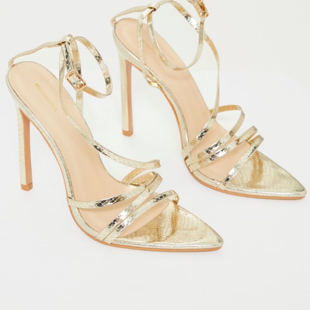 Gold Patent Snake pointed toe stiletto heels